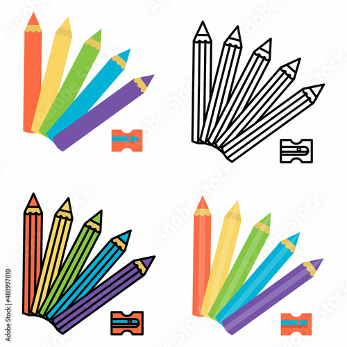 A set of colorful icons for childrens toys, colored pencils, coloring book drawing, childrens book illustration, flat vector graphics