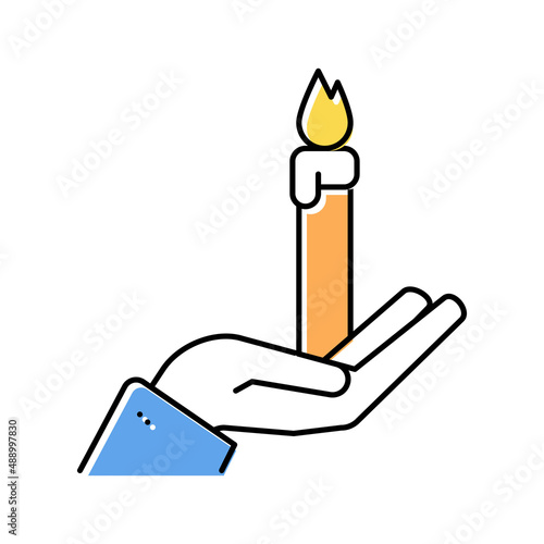 hand holding burning candle color icon vector isolated illustration