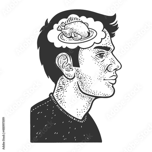 man thinking about food and fried chicken sketch engraving vector illustration. T-shirt apparel print design. Scratch board imitation. Black and white hand drawn image.