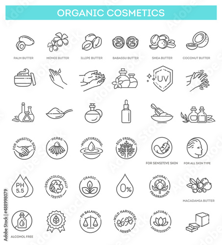 Vector set of natural ingredients and oils for cosmetics in linear style