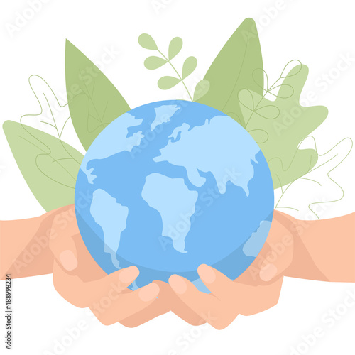 Earth hour. Hands holding planet. Flat illustration