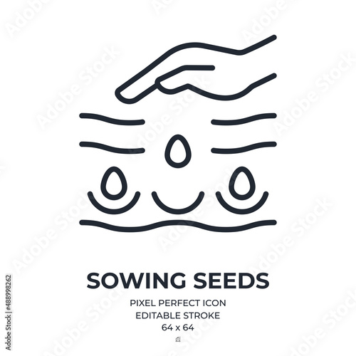 Sowing seeds concept editable stroke outline icon isolated on white background flat vector illustration. Pixel perfect. 64 x 64.