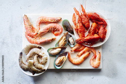 Assortment of various raw seafood - shrimps, kiwi mussels, squid and crawfish photo