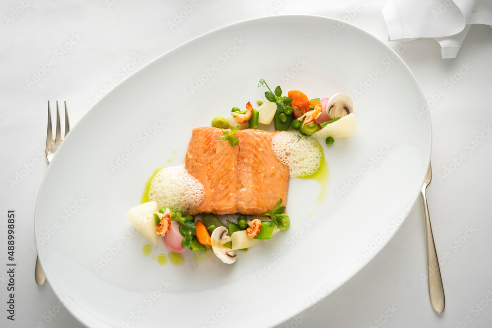 Fried char with saut�ed vegetables and a frothy sauce Fried char with saut�ed vegetables and a frothy sauce