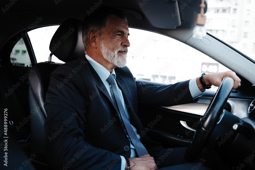 Mature successful businessman riding in the car. Mature successful businessman riding in the car.