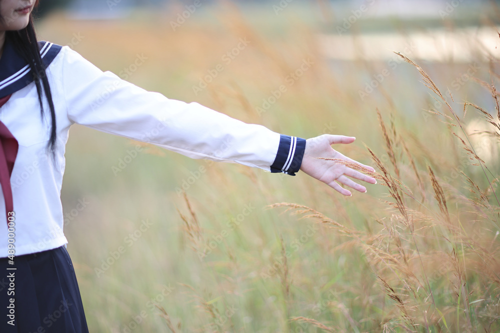 Fototapeta premium Asian High School Girls student hand touch grass in countryside with sunrise