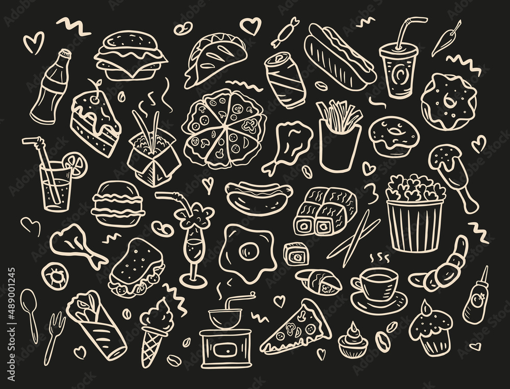 Set of fast food icons hand drawn in the doodle    types of fast  lines on the black  background. Stock Vector | Adobe Stock