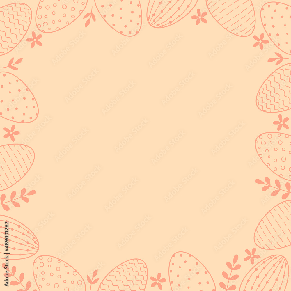 Frame of easter decorated eggs and leaves. Line art red eggs on pink background.