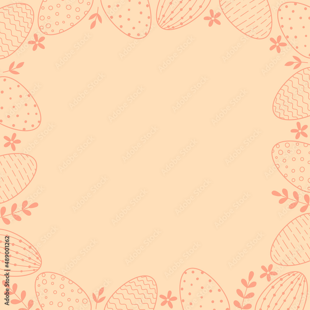 Frame of easter decorated eggs and leaves. Line art red eggs on pink background. Frame of easter decorated eggs and leaves. Line art red eggs on pink background.