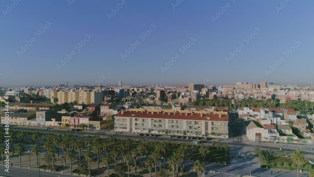 Valencia city beach boulevard with palm trees seen from above, aerial Valencia city beach boulevard with palm trees seen from above, aerial