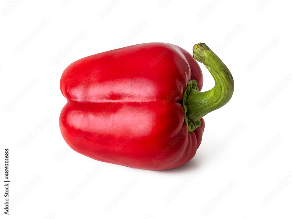 Bright red bell pepper with a thick green peduncle on a white background Bright red bell pepper with a thick green peduncle on a white background