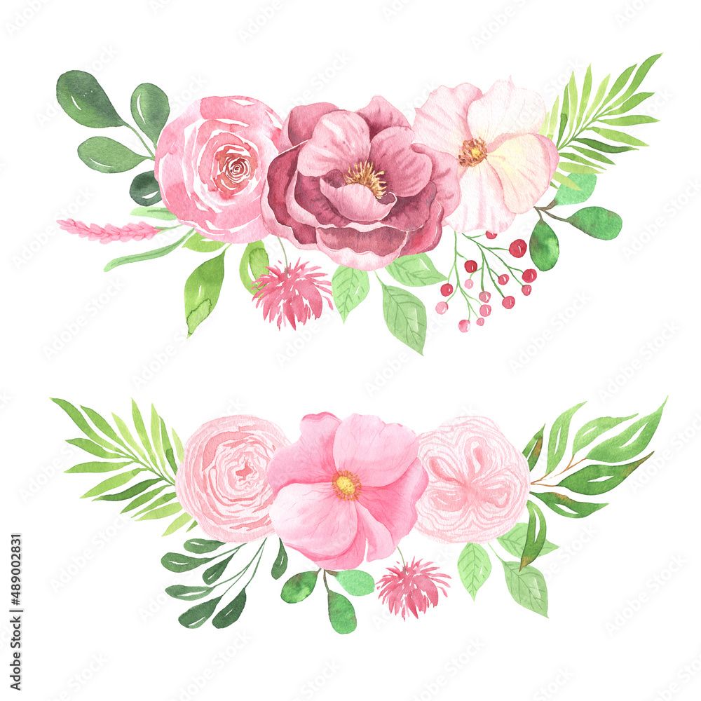 Watercolor flowers and leaves bouquet composition