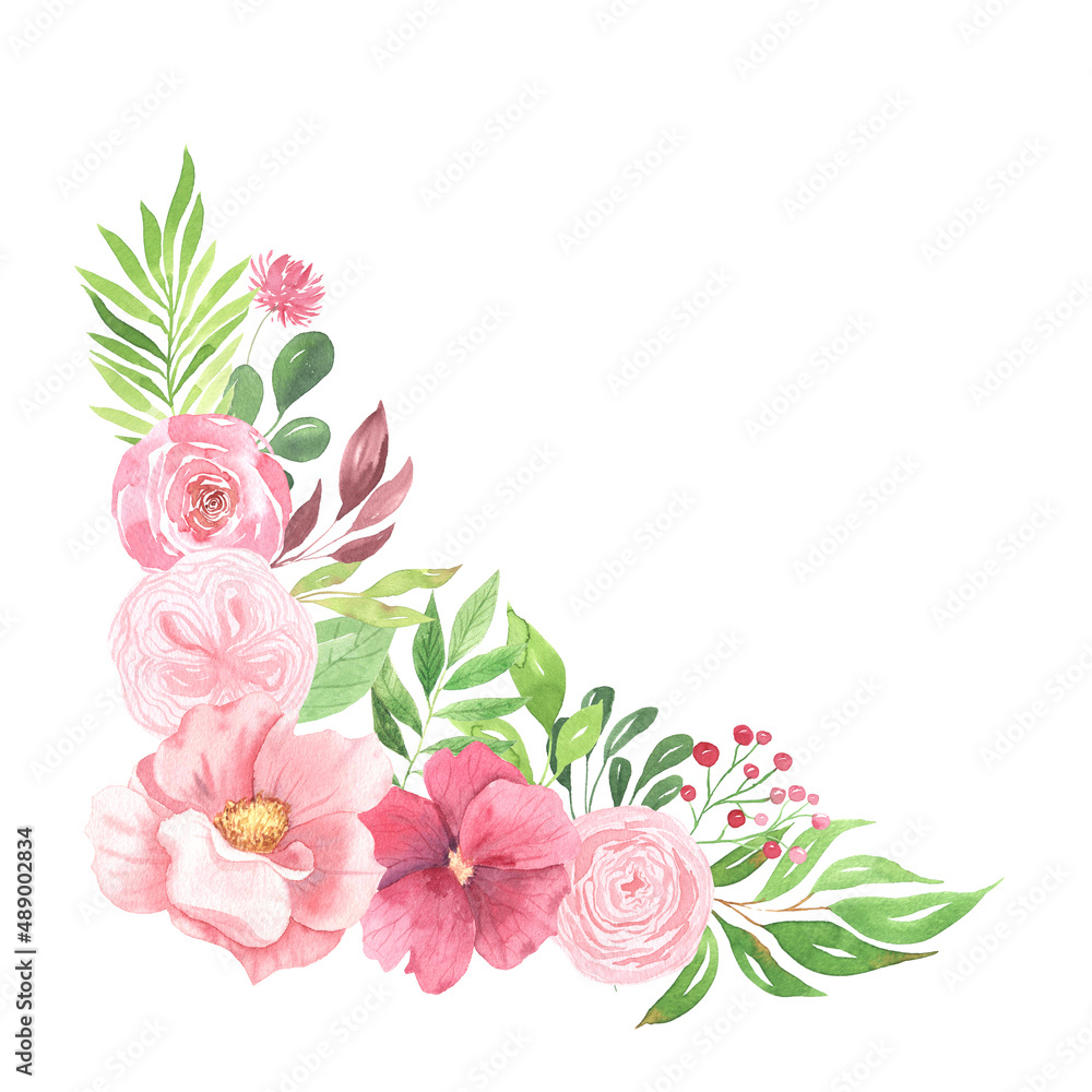 Watercolor flowers and leaves bouquet composition