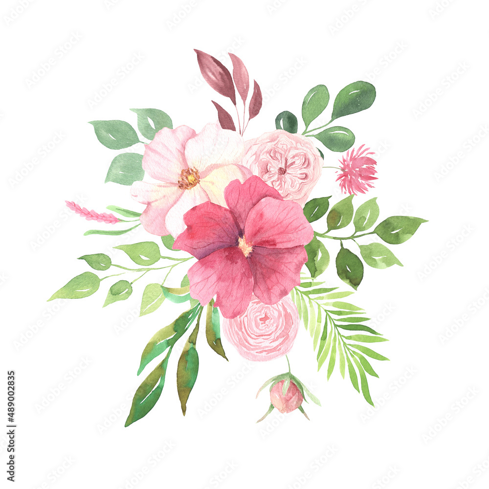 Watercolor flowers and leaves bouquet composition