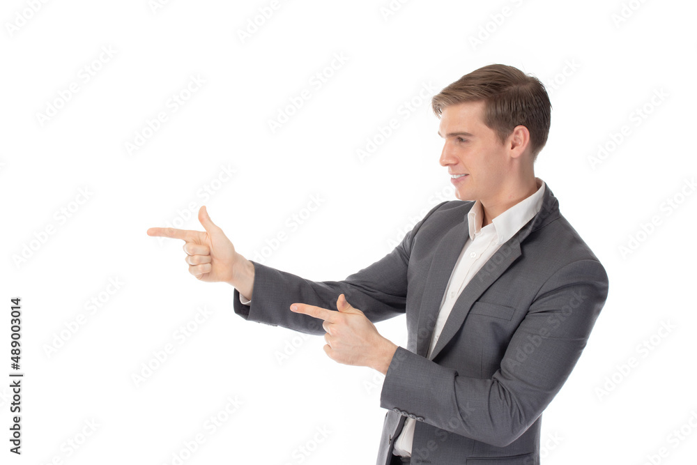 portrait of a confident young business man pointing space isolated on white background. Portrait business concept. portrait of a confident young business man pointing space isolated on white background. Portrait business concept.