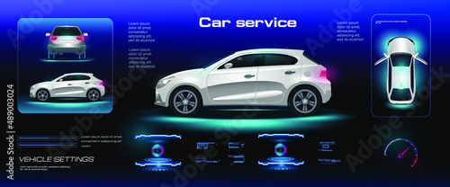 Car user interface with HUD elements. User interface with options, parameters, settings and electronics information for the entire vehicle. Realistic car in three projections with HUD interface