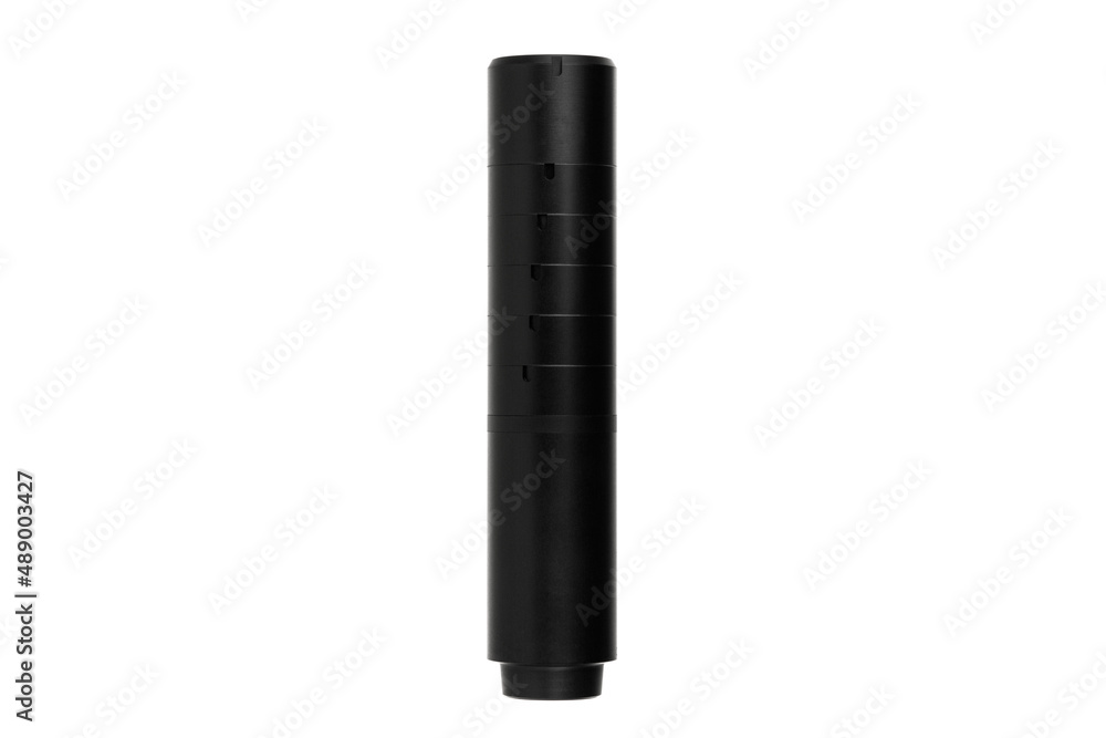 Black silencer for weapons. Suppressor that is at the end of an assault rifle. Isolate on a white back. Black silencer for weapons. Suppressor that is at the end of an assault rifle. Isolate on a white back.