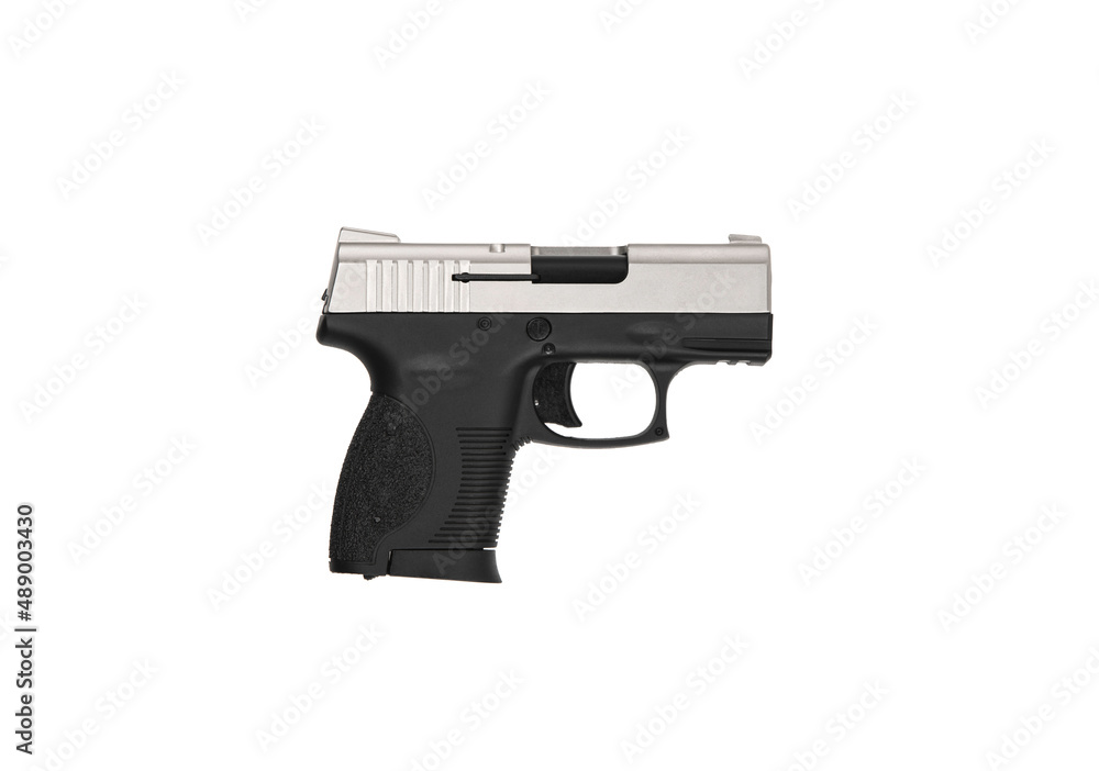 Modern semi-automatic pistol isolate on a white background. Armament for the army and police. Short-barreled weapon Modern semi-automatic pistol isolate on a white background. Armament for the army and police. Short-barreled weapon