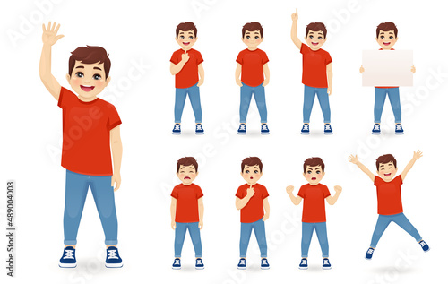 Smiling cute little boy in different poses set. Various kid gestures - thinking, angry, crying, jumping, welcoming, holding empty blank board and making idea pointing up isolated vector illustration