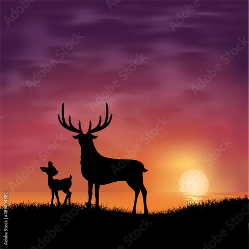 Silhouette of deer and fawn isolated on sunset background. Elegant sunset background with deer and fawn vector illustration