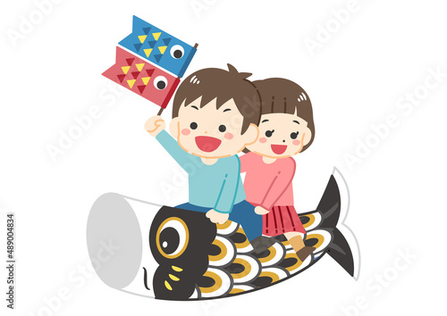 こいのぼりに乗っている子供達のイラスト　端午の節句　こどもの日／線画なし