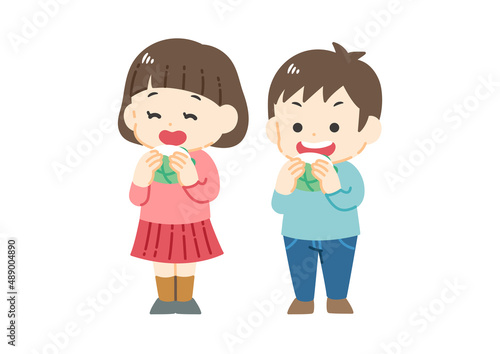柏餅を食べている子供達のイラスト　端午の節句　こどもの日／線画なし