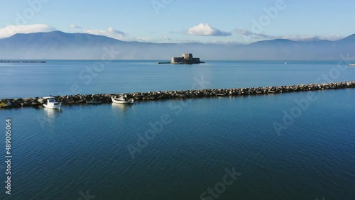 Drone view of Bourtzi Castle in the harbor of Nafplio photo