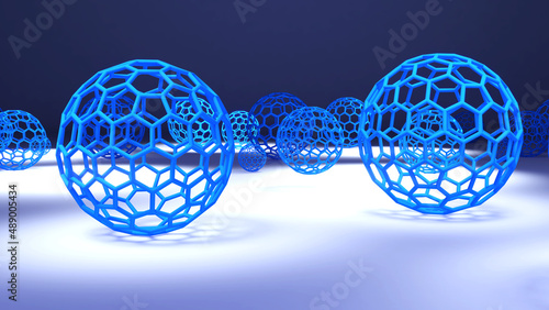 The shape structure of nanotechnology on blue background,Nanotechnology of the future,fullerene,3d rendering photo