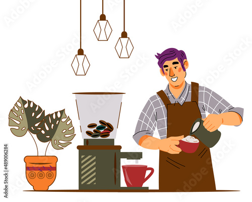 Barista man cartoon character preparing coffee, flat vector illustration isolated on white background. Barista working in coffee shop and takeaway cafe, coffee house.