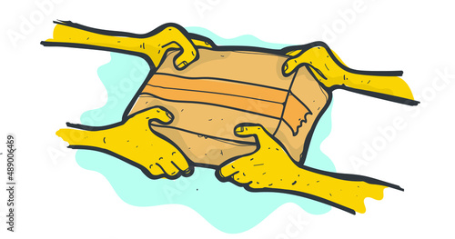 Vector illustration of hands giving packaging