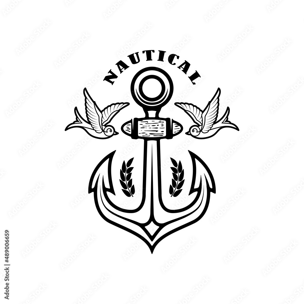 Obraz premium Vintage anchor with swallows. Design element for emblem, sign, badge, logo. Vector illustration