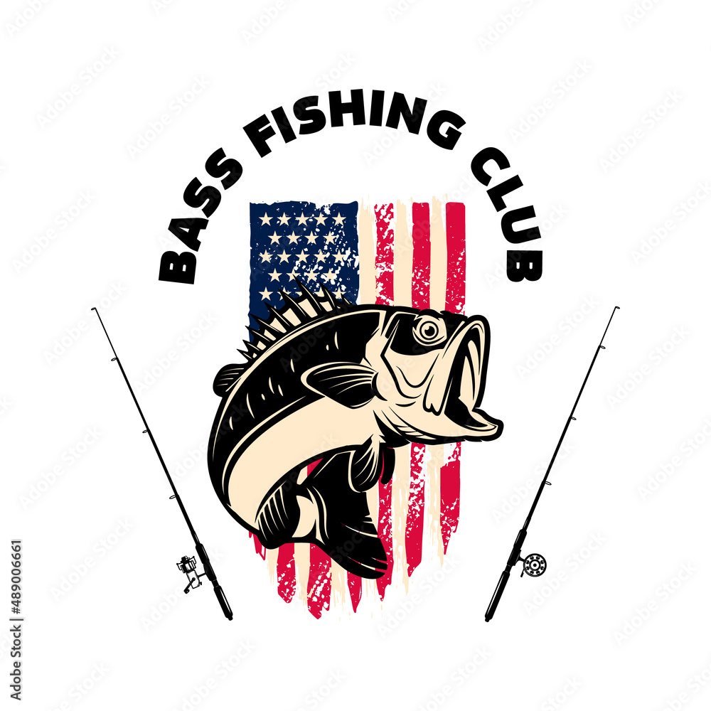 Bass fishing club. Bass fish and fishing rod on american flag background.  Design element for logo, label, sign, badge. Vector illustration Stock  Vector