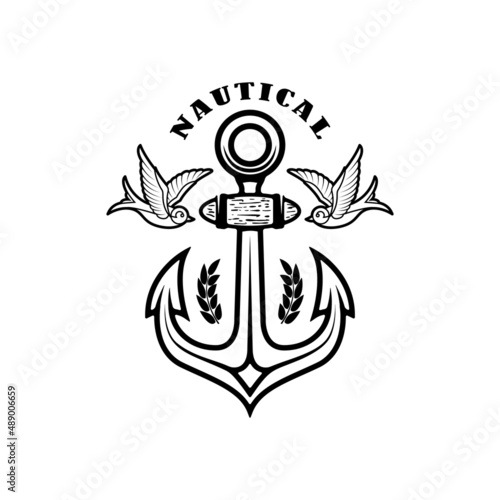 Vintage anchor with swallows. Design element for emblem, sign, badge, logo. Vector illustration