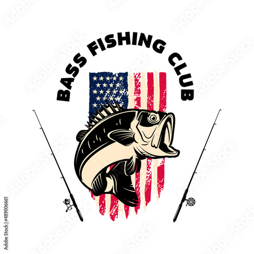 Bass fishing club. Bass fish and fishing rod on american flag background. Design element for logo, label, sign, badge. Vector illustration