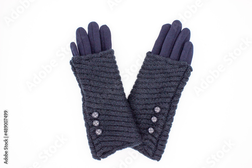 Blue women's mittens on white background