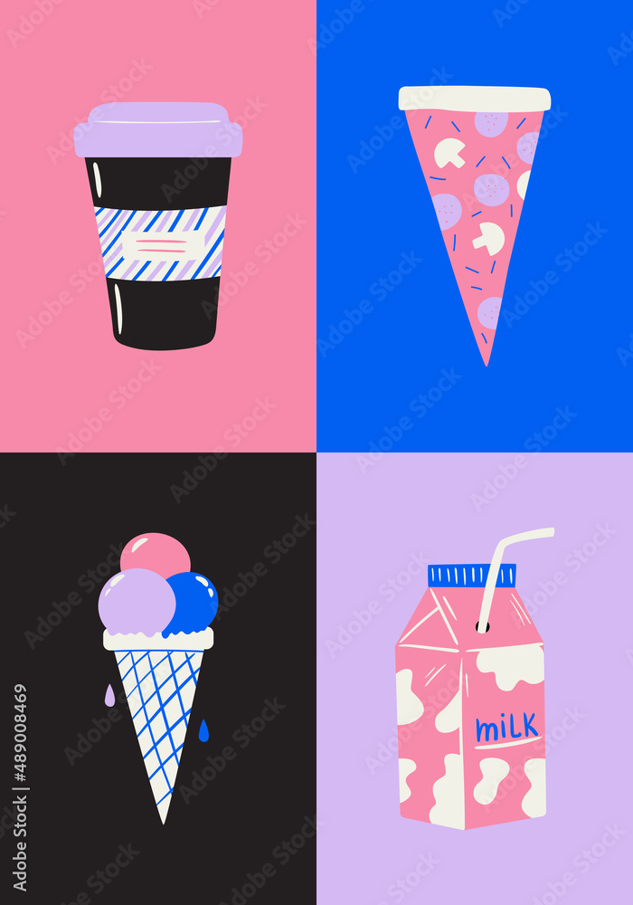 Abstract set of colorful funky doodle fast food. Hand drawn vector illustration of coffee cup, pizza slice, ice cream, milk package. Bright psychedelic poster