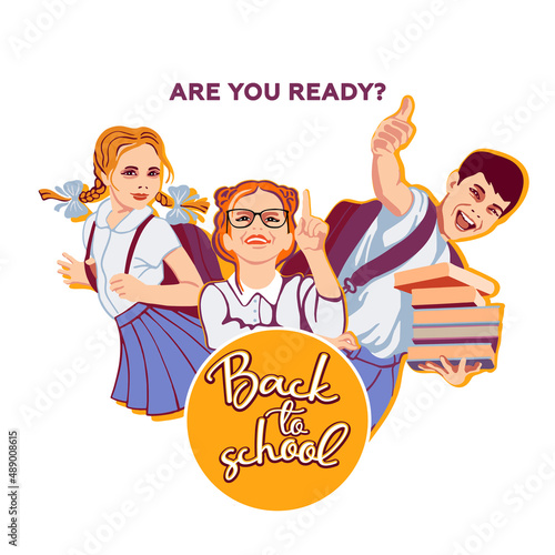 School banner poster back to school. Happy schoolchildren in uniform with books on white background. Illustration, educational blogging, schools, lifestyle, online learning. School activities. 