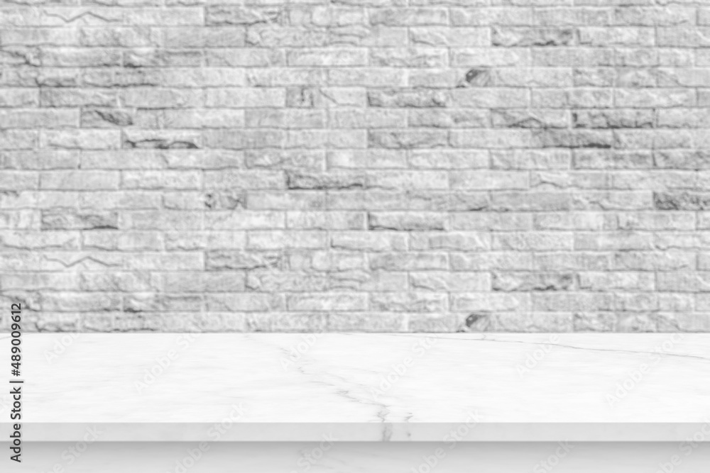 Empty white marble table top with brick wall background