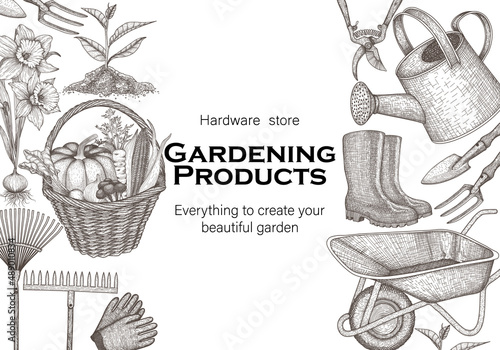 Vector banner template for gardening. Graphic linear watering can, garden rake and shovel, rubber boots, household gloves, daffodil seedling, sprout, wheelbarrow, pruner