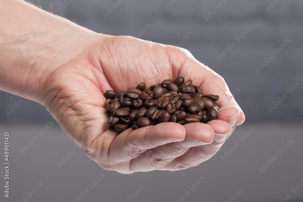 close up of a hand full of roasted coffee beans close up of a hand full of roasted coffee beans