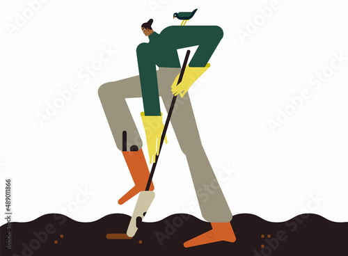 Seasson greenary planting. Character put plant seedlings into the ground. Farmer gardening or agriculture hobby. Flat vector cartoon isolated illustration.