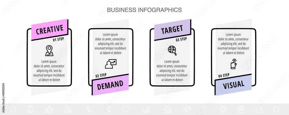 Vector line infographics with 4 rectangles. Business concept graphic process template with four steps and labels. Graphic timeline for step by step, levels, web, diagram, banner, presentations