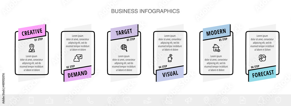 Vector line infographics with 6 rectangles. Business concept graphic process template with six steps and labels. Graphic timeline, chart, levels, web, diagram, banner, presentations Vector line infographics with 6 rectangles. Business concept graphic process template with six steps and labels. Graphic timeline, chart, levels, web, diagram, banner, presentations