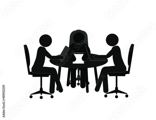 People sit at a round table and discuss strategies (data, graphs, documents, charts). Vector, icon. Business.