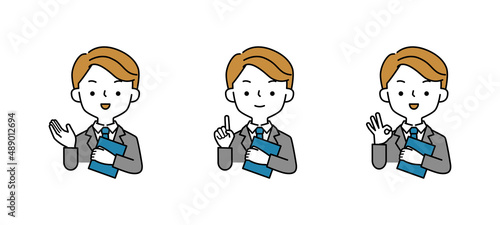 資料を持ちながら説明をするスーツを着た男性のイラストセット