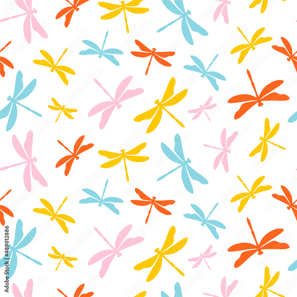 Colorful dragonflies seamless pattern with white background.