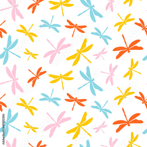 Colorful dragonflies seamless pattern with white background.