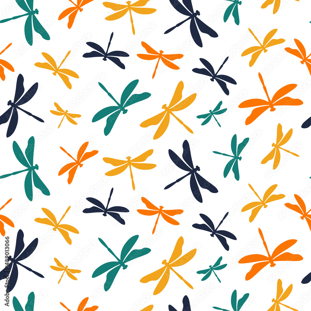 Fototapeta premium Colorful dragonflies seamless pattern with white background.