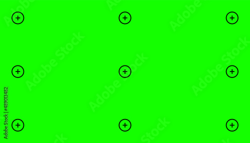 Chroma key, blank green background with motion tracking points. Visual effects compositing. Screen backdrop template. Vector illustration.