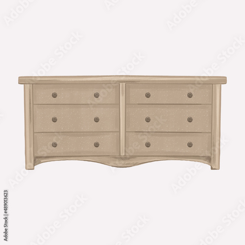 Hand drawn chest of drawers. Furniture with drawers for storage. Cozy home furnishings. Boho style. Design element. Isolated on white background. Raster illustration. 
